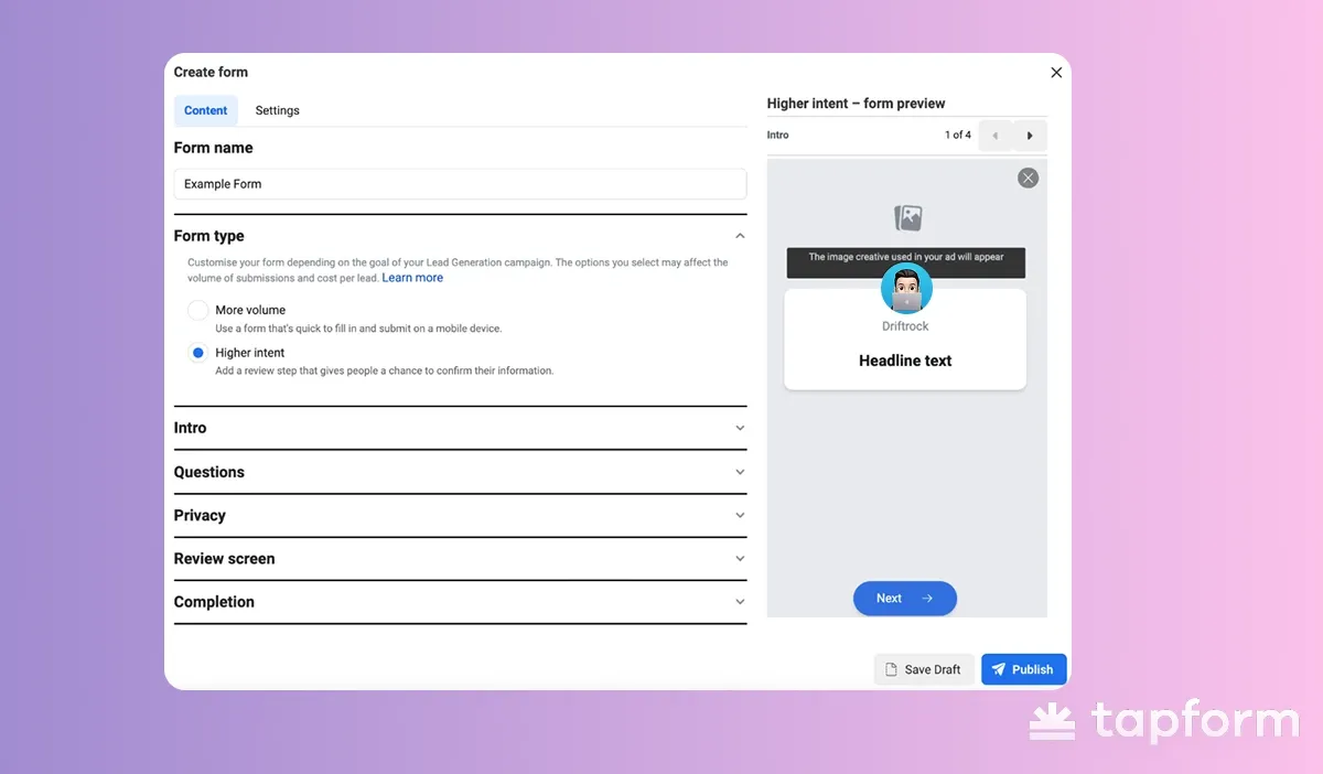 facebook lead capture form